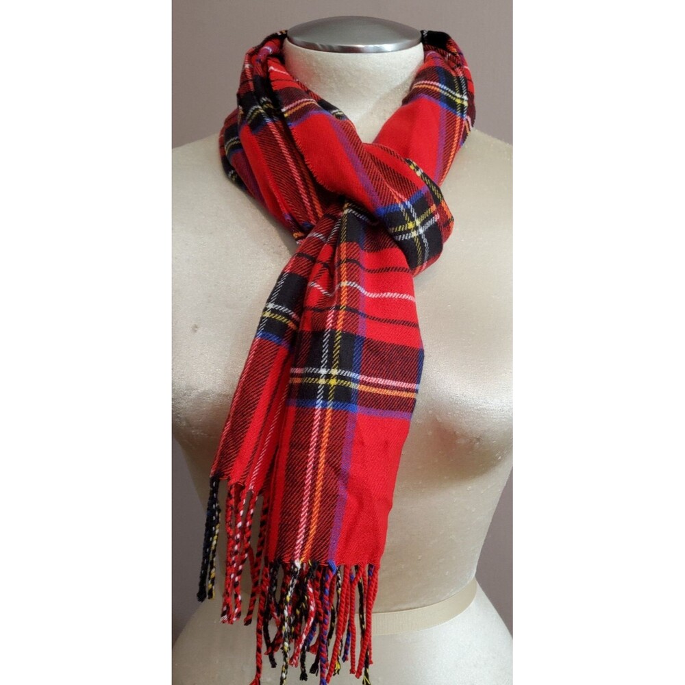 Cashmere Feel Scarf Red Black Plaid Fringe Woven Reverses 12x66" Italy Soft Warm
